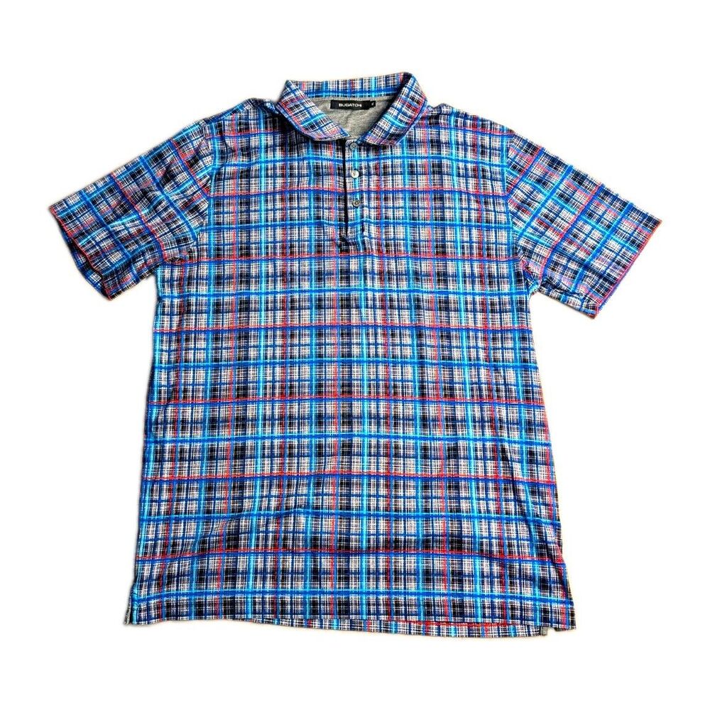 Bugatchi Polo Men XL Long Sleeve Plaid Collared Button Blue/White/Red Multicolor